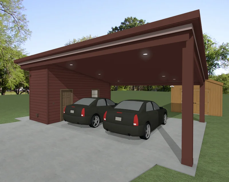 3D color rendering for frank lloyd wright inspired carport with two cars