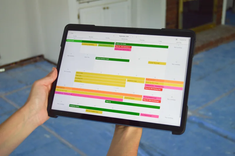 Construction schedule shown on an ipad inside a home