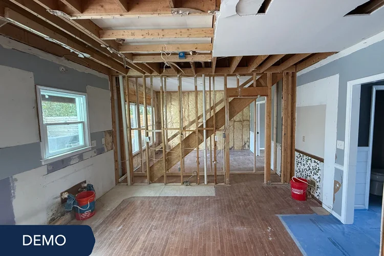 Easley kitchen being demoed – no cabinetry, framing is visible